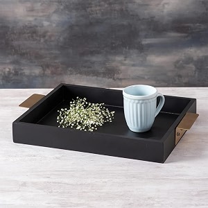 nestroots wooden tray for serving 15 inches - dining table accessories amp kitchen organizer serving trays  gold handles for home decoration  black wooden tray for tea coffee amp snacks