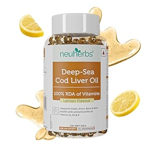 neuherbs deep sea cod liver oil omega 3 supplement with vitamin a d3 amp e  supports heart brain bone amp skin health  fish oil for men amp women  no fishy burps with lemon flavour - 100 softgels