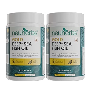 neuherbs gold deep sea 6x omega 3 fish oil capsules - 60 softgels pack of 2  2400mg fish oil with epa - 1080mg amp dha - 720mg  vitamin e amp d3 for muscle brain amp joints support  lemon flavour