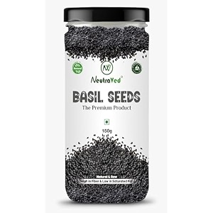 neutraved raw basil seeds 150g  edible sabja seeds for eating weight management amp detox  natural unpolished rich in fiber amp omega-3  jar 150gm