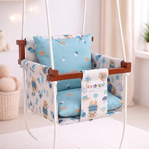 new comers cotton swing for kids jhula for baby baby swing hanging indoor outdoor baby garden swing with safety belt amp 2 pillows 6 months to 4 years up to 20 kg-beige-blue tc 150300 906