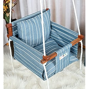 new comers cotton swing for kids jhula for baby kids swing hanging indoor outdoor baby garden swing with safety belt amp 2 pillows 1 to 4 years up to 20 kg-blue-white tc 150300 901