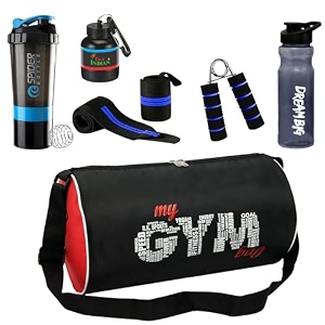 new gym bag combo for men combo set for men and women workout - boost your workout with gym bagwrist bandmini gripper amp whey container bottle sipper bottlegym shaker blue