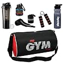 New Gym Bag Combo for Men Combo Set for Men and Women Workout - Boost Your Workout with Gym Bag,Wrist Band,Mini Gripper &amp; Whey Container Bottle Sipper Bottle/Gym Shaker (Black)