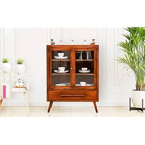 set of 2 solid sheesham wood kitchen crockery cabinet with drawer amp doors for crockery storagewooden sideboard storage for home and kitchenhoney finish
