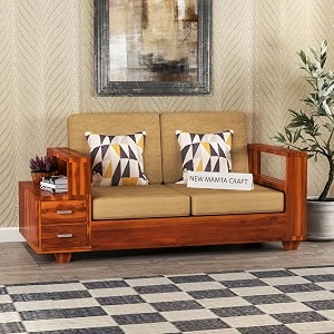 sheesham wood 2 seater sofa  2 seater sofa with 2 drawer storage  wooden sofa set furniture for living room home office 40 density cushionhoney