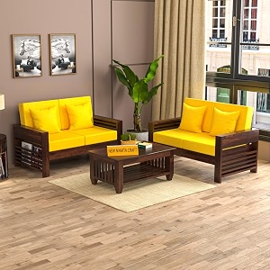 sheesham wood 4 seater feltro sofa set for living room  4 seater sofa set  walnut finish yellow cushion
