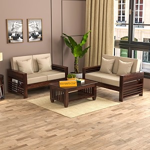 sheesham wood 4 seater feltro sofa set for living room  4 seater sofa set  wooden sofa set  22 40 density cushionwalnut finish beige cushion