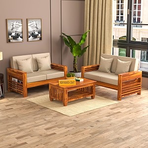 sheesham wood 4 seater feltro sofa set for living room  4 seater sofa set  wooden sofa set  22 40 density cushionhoney finish beige cushion