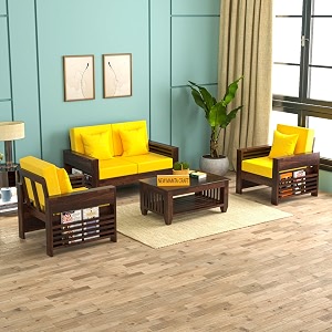 sheesham wood 4 seater feltro sofa set for living room  4 seater sofa set  wooden sofa set  211 40 density cushionwalnut finish yelliow cushion