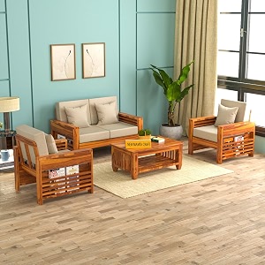 sheesham wood 4 seater feltro sofa set for living room  4 seater sofa set  wooden sofa set  211 40 density cushionhoney finish beige cushion