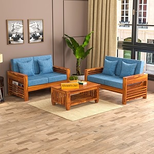 sheesham wood 4 seater feltro sofa set for living room  4 seater sofa set  wooden sofa set  22 40 density cushionhoney finish blue cushion