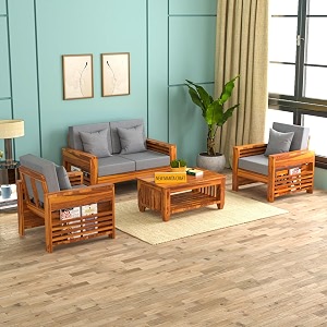sheesham wood 4 seater feltro sofa set for living room  4 seater sofa set  wooden sofa set  211 40 density cushionhoney finish grey cushion