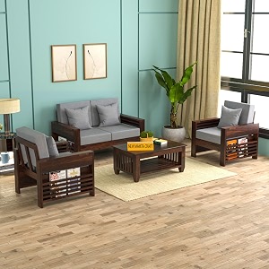 sheesham wood 4 seater feltro sofa set for living room  4 seater sofa set  wooden sofa set  211 40 density cushionwalnut finish grey cushion