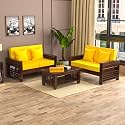 Sheesham Wood 4 Seater Feltro Sofa Set for Living Room | 4 Seater Sofa Set | Walnut Finish Yellow Cushion