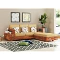 Sheesham Wood 4 Seater L Shape Sofa Set with 2 Drawer Storage | 3+1 Wooden Sofa Set Furniture for Living Room Home Office (40 Density Cushion,Honey)
