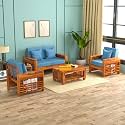 Sheesham Wood 4 Seater Feltro Sofa Set for Living Room | 4 Seater Sofa Set | Wooden Sofa Set | (2+1+1, 40 Density Cushion,Honey Finish Blue Cushion)