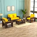 Sheesham Wood 4 Seater Feltro Sofa Set for Living Room | 4 Seater Sofa Set | Wooden Sofa Set | (2+1+1, 40 Density Cushion,Walnut Finish Yelliow Cushion)