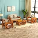 Sheesham Wood 4 Seater Feltro Sofa Set for Living Room | 4 Seater Sofa Set | Wooden Sofa Set | (2+1+1, 40 Density Cushion,Honey Finish Beige Cushion)
