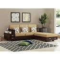 Sheesham Wood 4 Seater L Shape Sofa Set with 2 Drawer Storage | 3+1 Wooden Sofa Set Furniture for Living Room Home Office (40 Density Cushion,Walnut)