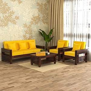 sheesham wood 5 seater feltro sofa set for living room  5 seater sofa set  wooden sofa set  311 40 density cushionwalnut finish yellow cushion
