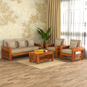 sheesham wood 5 seater feltro sofa set for living room  5 seater sofa set  wooden sofa set  311 40 density cushionhoney finish beige cushion