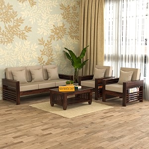 sheesham wood 5 seater feltro sofa set for living room  5 seater sofa set  wooden sofa set  311 40 density cushionwalnut finish beige cushion
