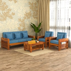 sheesham wood 5 seater feltro sofa set for living room  5 seater sofa set  wooden sofa set  311 40 density cushionhoney finish blue cushion