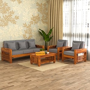 sheesham wood 5 seater feltro sofa set for living room  5 seater sofa set  wooden sofa set  311 40 density cushionhoney finish grey cushion