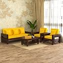 Sheesham Wood 5 Seater Feltro Sofa Set for Living Room | 5 Seater Sofa Set | Wooden Sofa Set | (3+1+1, 40 Density Cushion,Walnut Finish Yellow Cushion)