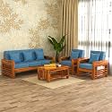 Sheesham Wood 5 Seater Feltro Sofa Set for Living Room | 5 Seater Sofa Set | Wooden Sofa Set | (3+1+1, 40 Density Cushion,Honey Finish Blue Cushion)