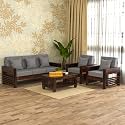 Sheesham Wood 5 Seater Feltro Sofa Set for Living Room | 5 Seater Sofa Set | Wooden Sofa Set | (3+1+1, 40 Density Cushion,Walnut Finish Grey Cushion)