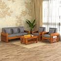 Sheesham Wood 5 Seater Feltro Sofa Set for Living Room | 5 Seater Sofa Set | Wooden Sofa Set | (3+1+1, 40 Density Cushion,Honey Finish Grey Cushion)