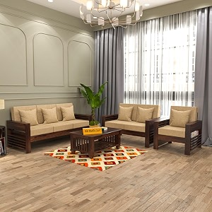 sheesham wood 6 seater feltro sofa set for living room wooden sofa set for living room furniture 321 40 density cushionwalnut finish beige cushion