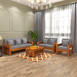 sheesham wood 6 seater feltro sofa set for living room wooden sofa set for living room furniture 321 40 density cushionhoney finish grey cushion