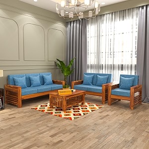 sheesham wood 6 seater feltro sofa set for living room wooden sofa set for living room furniture 321 40 density cushionhoney finish blue cushion