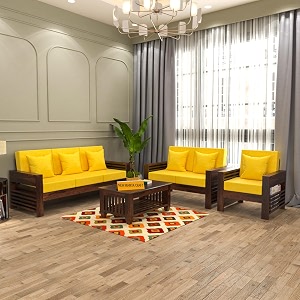 sheesham wood 6 seater feltro sofa set for living room wooden sofa set for living room furniture 321 40 density cushionwalnut finish yellow cushion