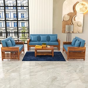 sheesham wood 7 seater feltro sofa set for living room wooden sofa set for living room furniture 32240 density cushionhoney finish blue cushion