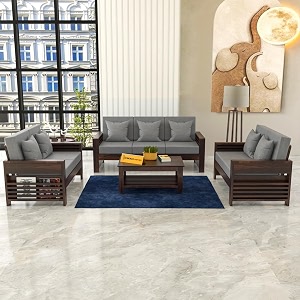 sheesham wood 7 seater feltro sofa set for living room wooden sofa set for living room furniture 32240 density cushionwalnut finish grey cushion