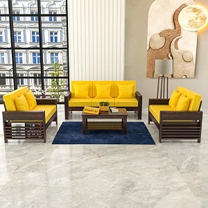 sheesham wood 7 seater feltro sofa set for living room wooden sofa set for living room furniture 32240 density cushionwalnut finish yellow cushion