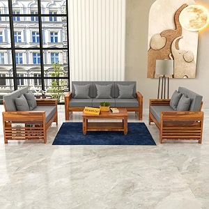 sheesham wood 7 seater feltro sofa set for living room wooden sofa set for living room furniture 32240 density cushionhoney finish grey cushion