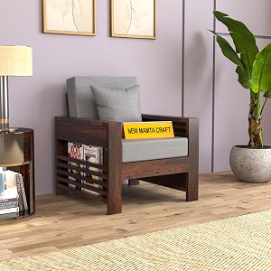 sheesham wood feltro single seater sofa set for living room office wooden sofa set for living room furniture - 40 density cushionwalnut finish with grey cushion