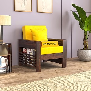 sheesham wood feltro single seater sofa set for living room office wooden sofa set for living room furniture - 40 density cushionwalnut finish with yellow cushion