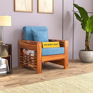 sheesham wood feltro single seater sofa set for living room office wooden sofa set for living room furniture - 40 density cushionhoney finish with blue cushion