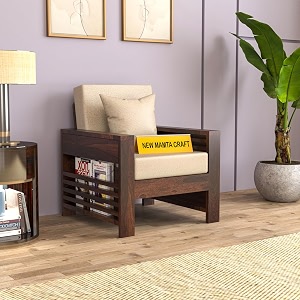 sheesham wood feltro single seater sofa set for living room office wooden sofa set for living room furniture - 40 density cushionwalnut finish with beige cushion
