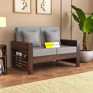 sheesham wooden 2 seater sofa for living room  rosewood sofa with side newspaper holder for home amp office 40 density cushionwalnut finish with grey cushion
