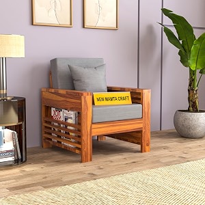 sheesham wood feltro single seater sofa set for living room office wooden sofa set for living room furniture - 40 density cushionhoney finish with grey cushion