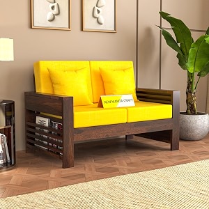 sheesham wood feltro sofa set 2 seater living room  two seater sofa sets  without pillow  wooden sofa set  hall sofa sets 40 density cushionwalnut finish with yellow cushion