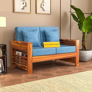 sheesham wood feltro sofa set 2 seater living room  two seater sofa sets  without pillow  wooden sofa set  hall sofa sets 40 density cushionhoney finish with blue cushion