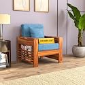 Sheesham Wood Feltro Single Seater Sofa Set for Living Room Office Wooden Sofa Set for Living Room Furniture - (40 Density Cushion,Honey Finish with Blue Cushion)